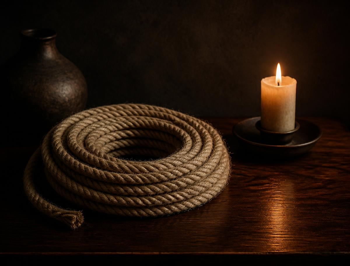 A coiled length of soft natural rope beside a lit candle on dark wood