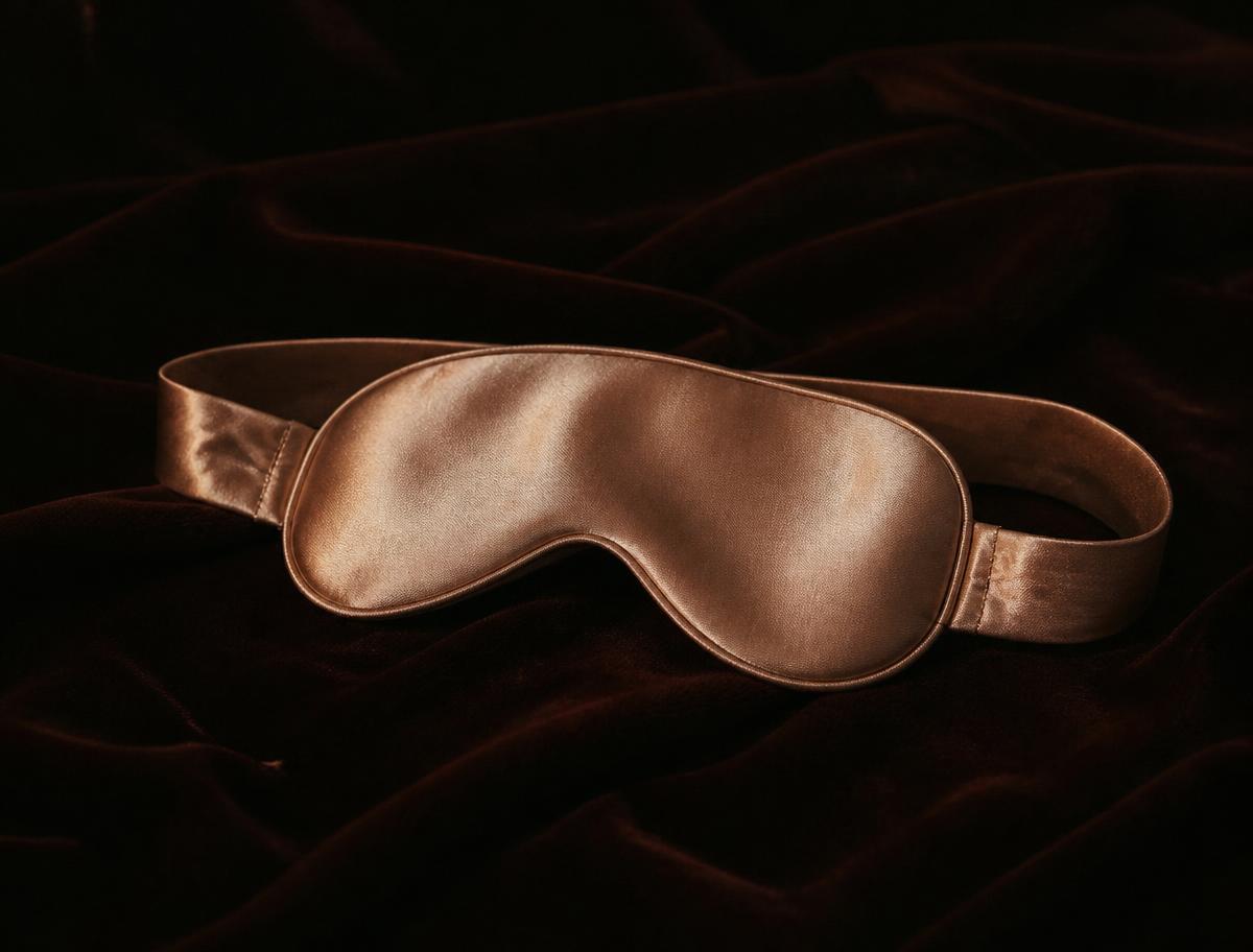 A silk blindfold resting on dark velvet, photographed as an art object