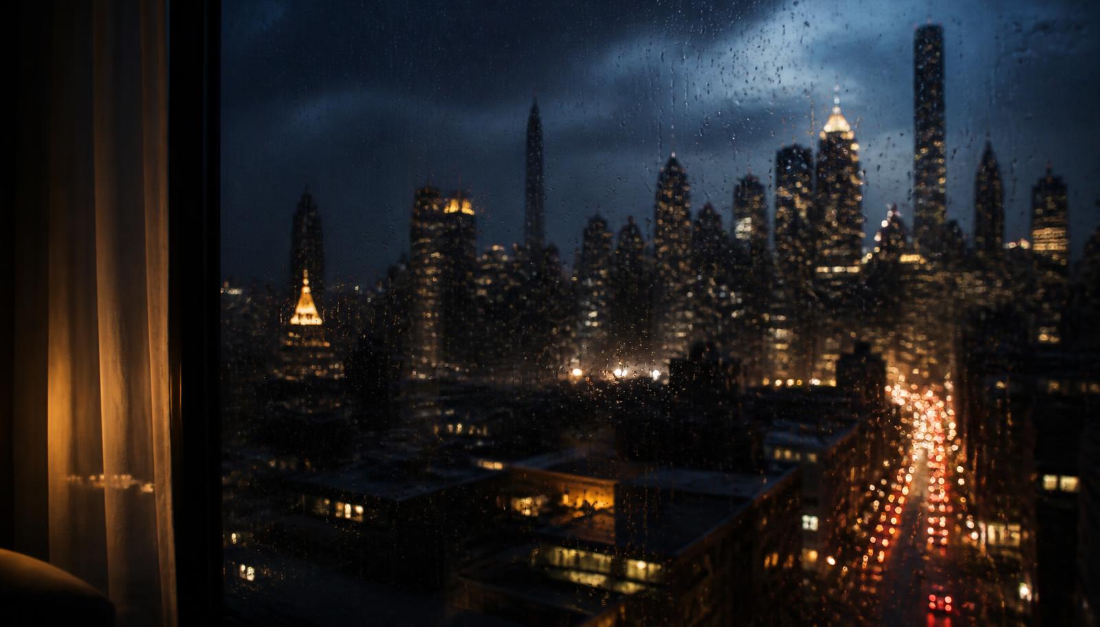 A rain-slicked New York City street at night, lit by warm windows